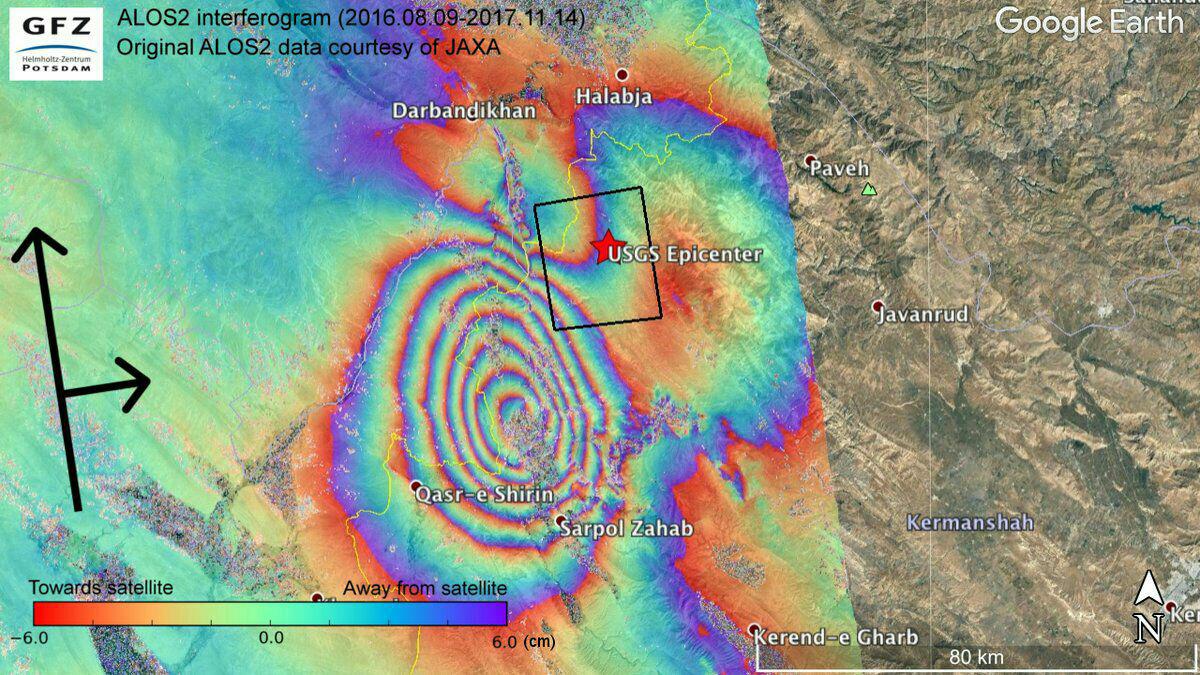 نقشه جابجایی پوسته زمین ناشی از زلزله ۱۲ نوامبر ایران