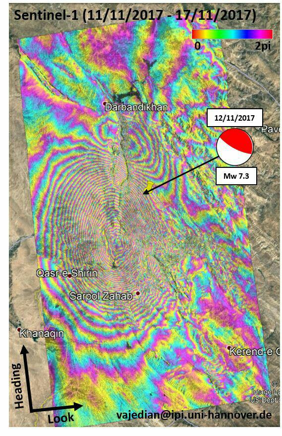 نقشه جابجایی پوسته زمین مربوط به زلزله ۱۲ نوامبر کرمانشاه