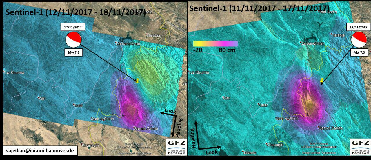 نقشه جابجایی پوسته زمین (به سانتی متر) در اثر زلزله ۱۲ نوامبر کرمانشاه