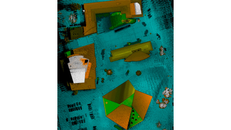 نمای شهری معماری نقشه برداری شده با یک اسکنر لیزری Velodyne LiDAR Puck سوار شده روی یک پهپاد کوچک