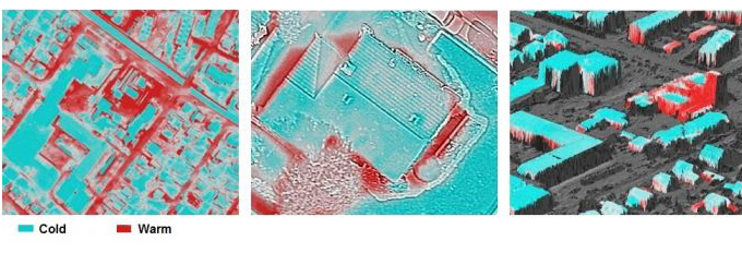 تصویر قائم TIR با یک فاصله نمونه برداری زمینی 15 سانتیمتری (چپ)، تصویر قائم TIR شارپ شده با باند پان با یک فاصله نمونه برداری زمینی 5 سانتیمتری (وسط) و نمای سقفی سه بعدی